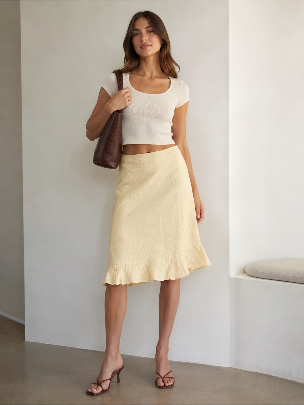 Y2K H&M Butter Yellow Midi Skirt with Ruffle Hem 100% Ramie (Chinese Linen)